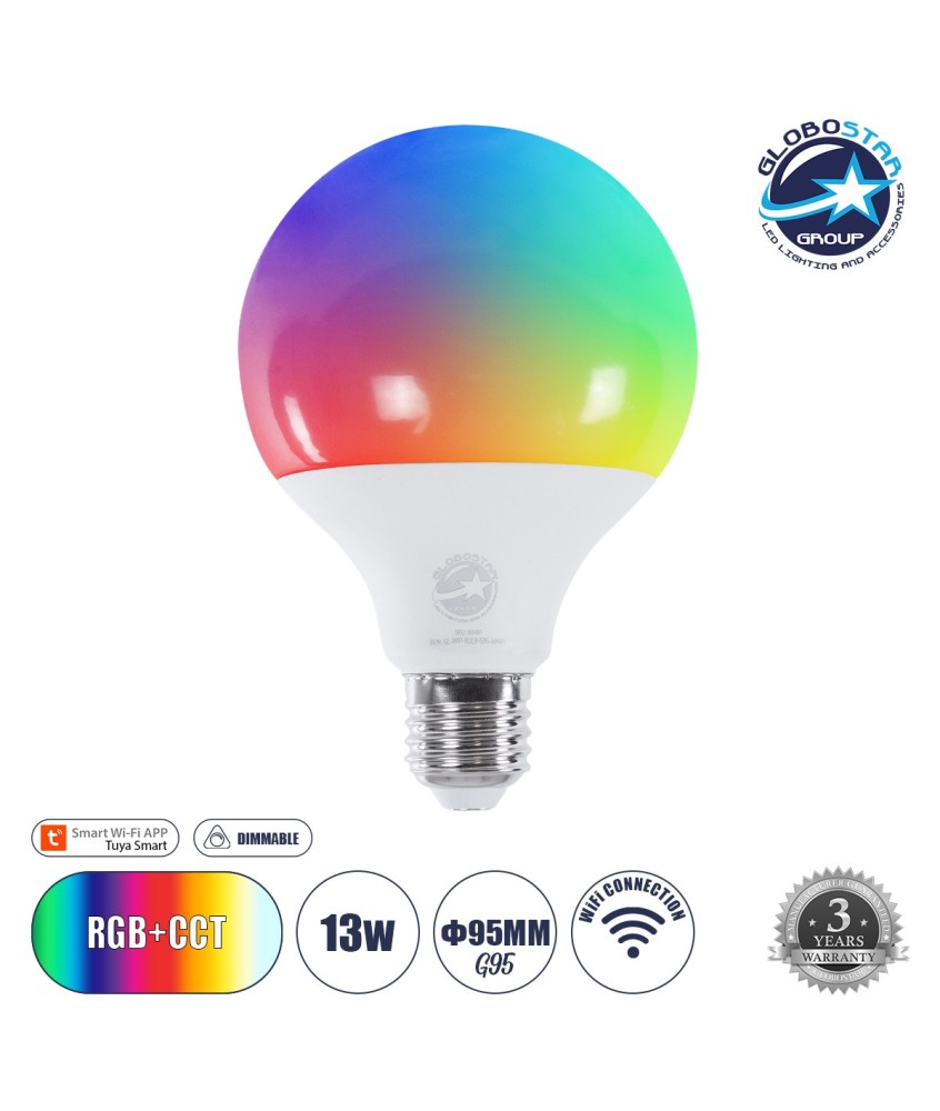 GLOBOSTAR® SMARTME 60491 Λάμπα E27 G95 Smart Home WiFi με Λειτουργία μέσω Tuya APP LED 13W 1300lm 260° AC 220-240V IP20 Πολύχρωμο RGBW+WW Dimmable - Bridgelux Chip - Μ9.5 x Π9.5 x Υ13.5cm - 3 Χρόνια Εγγύηση
